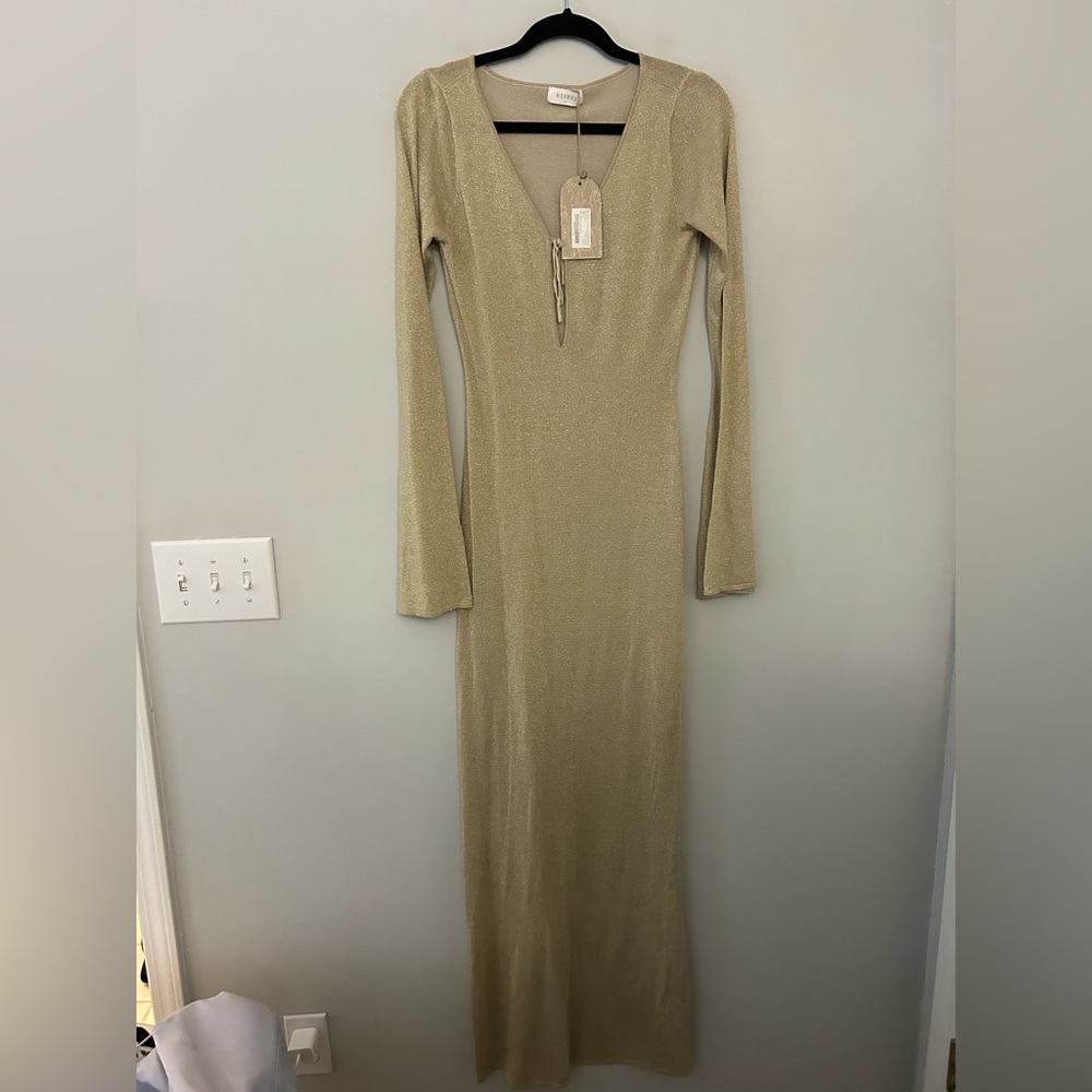 NWT Meshki Kamila Gold Maxi Dress with Long Sleeves - Picture 3 of 9